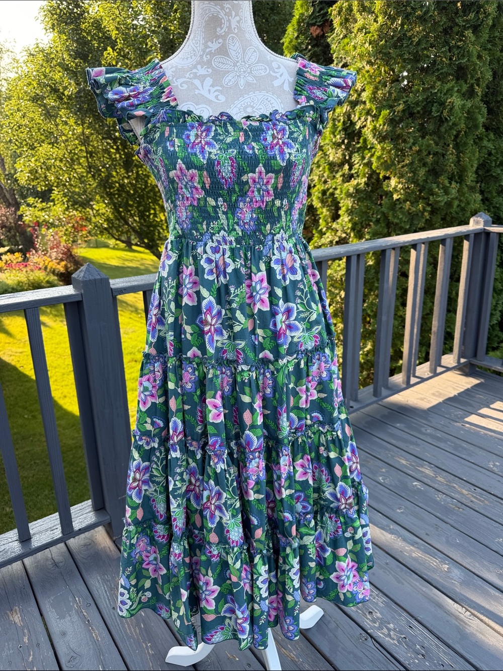 Green Floral Maxi Dress with Purple and Pink Accents sz M